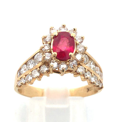 14K Yellow Gold Oval Ruby Diamond Engagement July Bday Cocktail Statement Ring