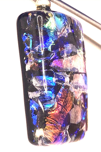 925 Sterling Silver Modernist  Multicolor Diachroic Glass Rectangle Pendant