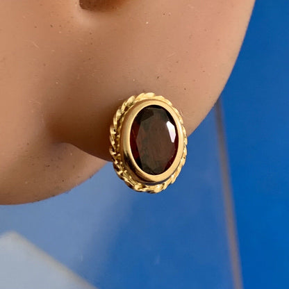 Designer 10K Yellow Gold Oval Garnet Stud Earrings