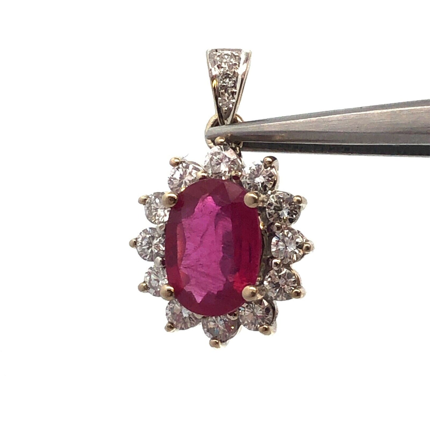 Estate 14K White Gold Oval Ruby Diamond Halo Pendant