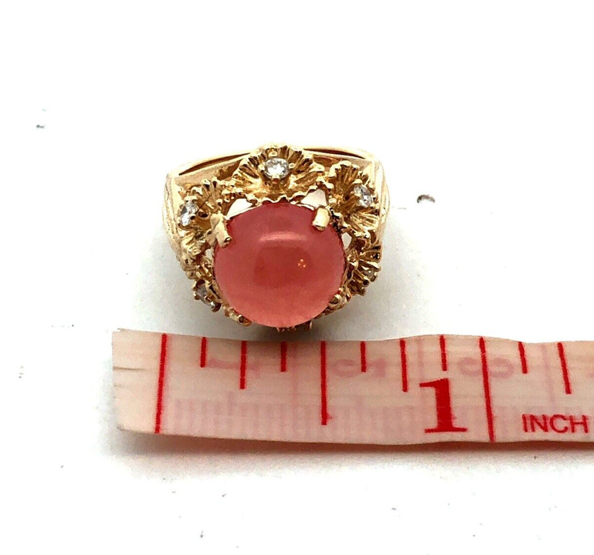 Vintage 14K Yellow Gold Round Morganite Diamond Flower Dome Cocktail Ring