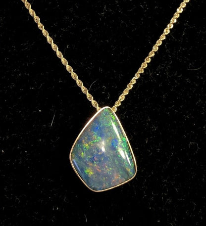 Designer IAJ 14K Yellow Gold Black Blue Opal Cabochon Bezel Pendant Necklace