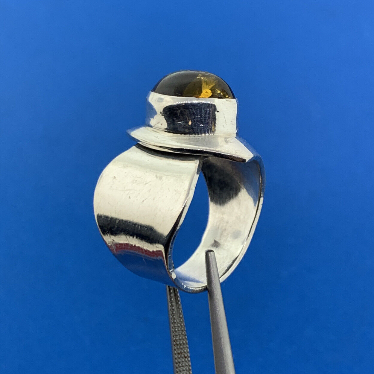 Vintage George Nakai Navajo Sterling Silver 925 Amber Abstract Bypass Ring