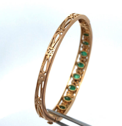Designer 14k Yellow Gold Cabochon Emerald Diamond Hinged Cuff Bangle Bracelet