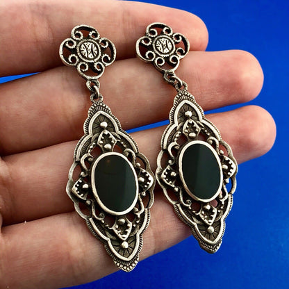 Retro 925 Sterling Silver Black Onyx Scroll Dangle Drop Earrings