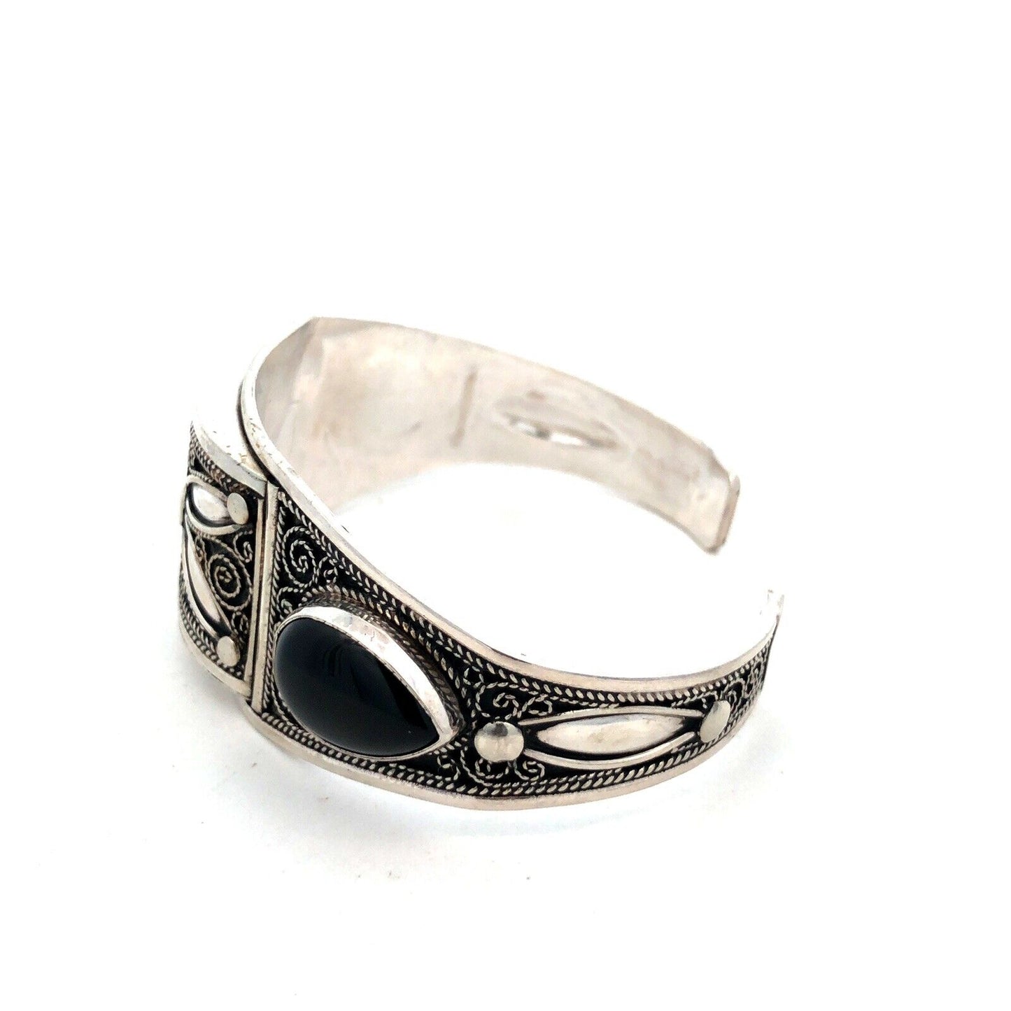 Vintage 925 Sterling Silver Black Onyx Filigree Swirl Open Cuff Bracelet