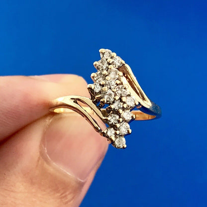 Retro 14K Yellow Gold Diamond Waterfall Cluster Bypass Anniversary Cocktail Ring