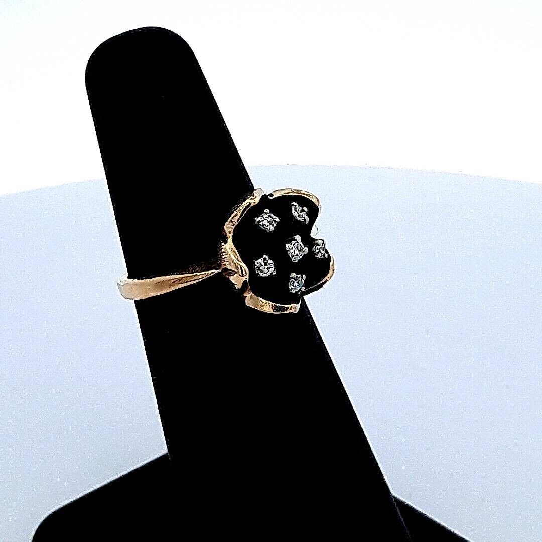 Art Deco Style Estate 14K Yellow Gold Diamond Black Enamel Flower Floral Ring