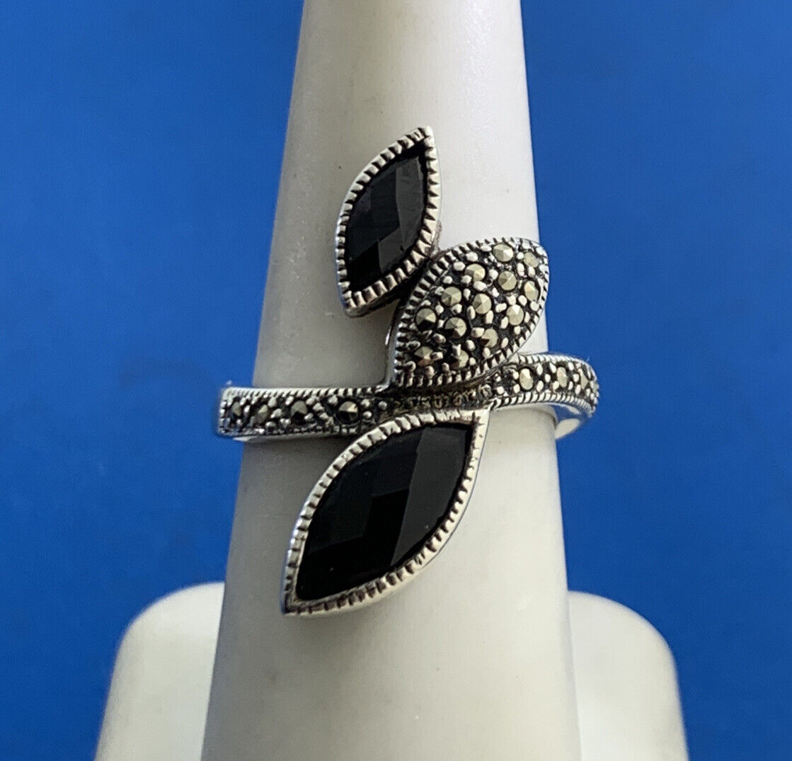 Designer 925 Sterling Silver Faceted Black Onyx Marquise Marcasite Accented Ring