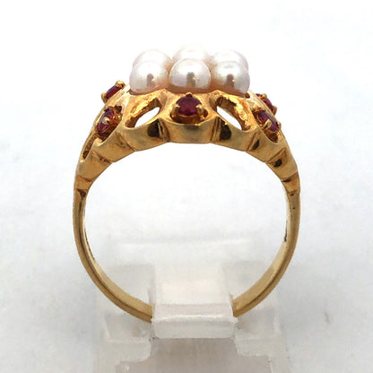 Vintage 18k Yellow Gold Pearl Cluster Ring with Ruby Accents