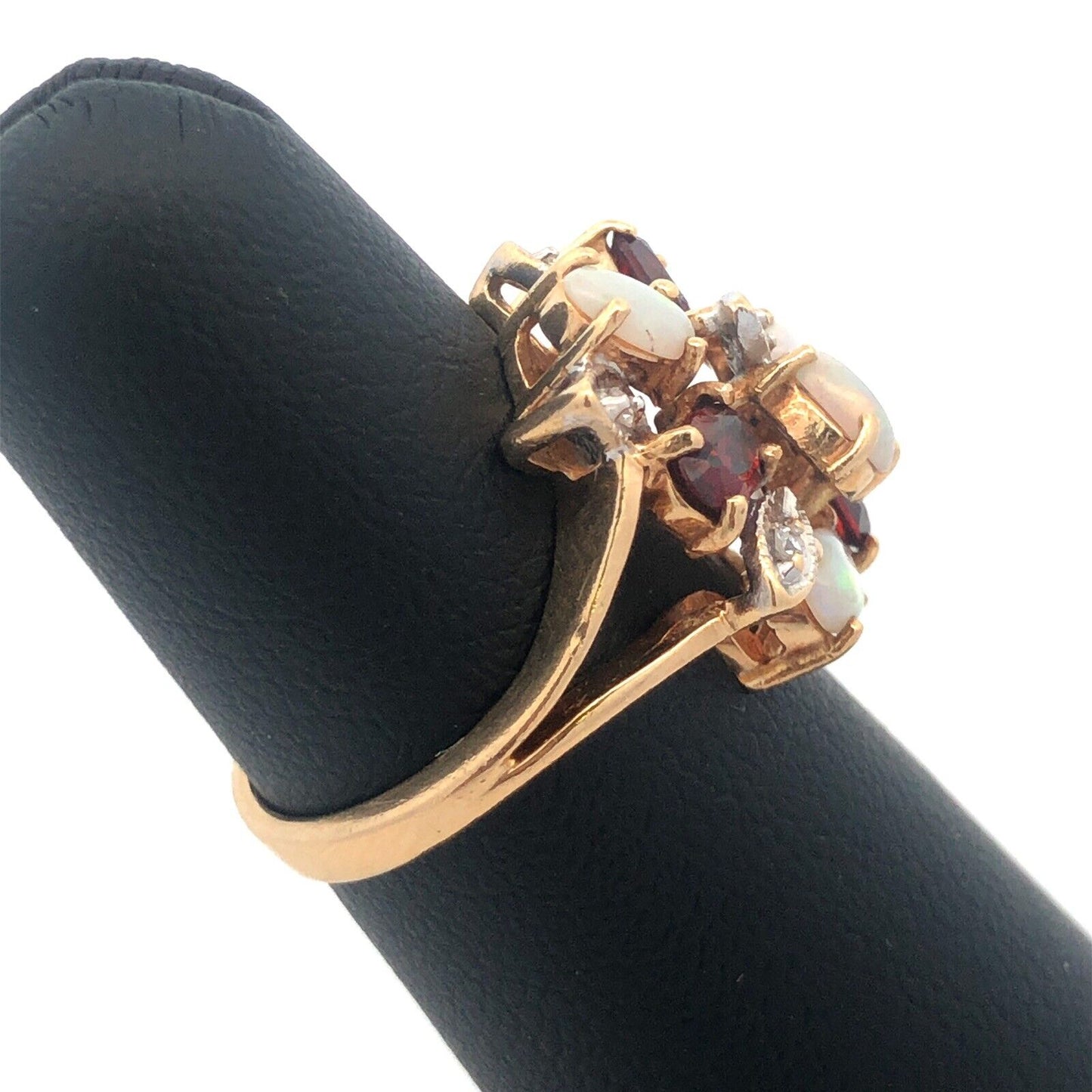 Vintage 14K Yellow Gold Opal Garnet Diamond Floral Cluster Anniversary Ring
