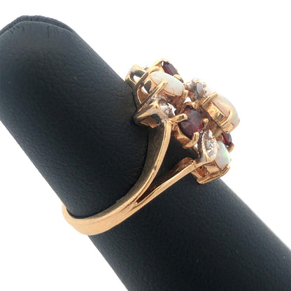Vintage 14K Yellow Gold Opal Garnet Diamond Floral Cluster Anniversary Ring