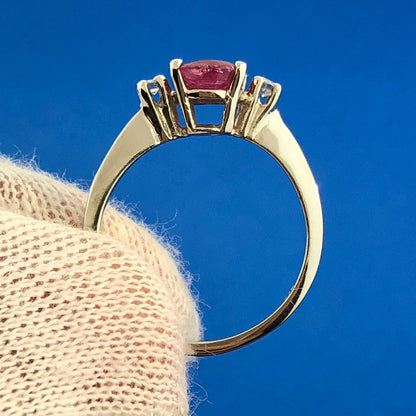 Vintage 14K White Gold Oval Ruby Solitaire Diamond Accent July Anniversary Ring