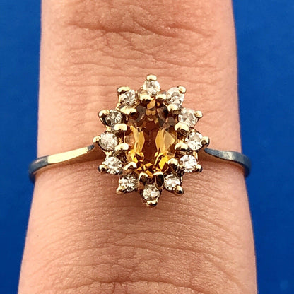 Vintage 10K Yellow Gold Oval Citrine Diamond Halo Engagement Cocktail Ring