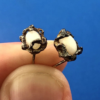 Native American Artisan Sterling Silver 14K Gold Opal Free Form Stud Earrings