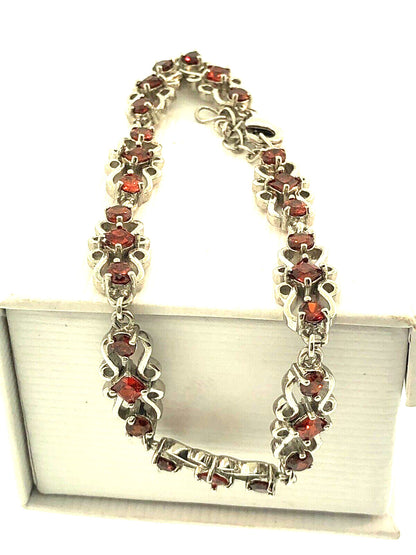 Sterling Silver 925 Estate Red Cubic Zirconia Open Work Statement Bracelet