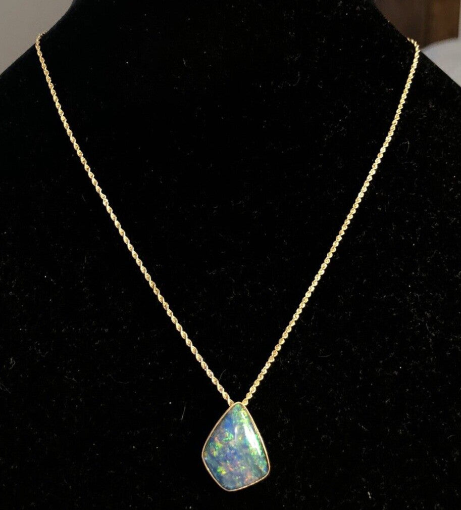 Designer IAJ 14K Yellow Gold Black Blue Opal Cabochon Bezel Pendant Necklace