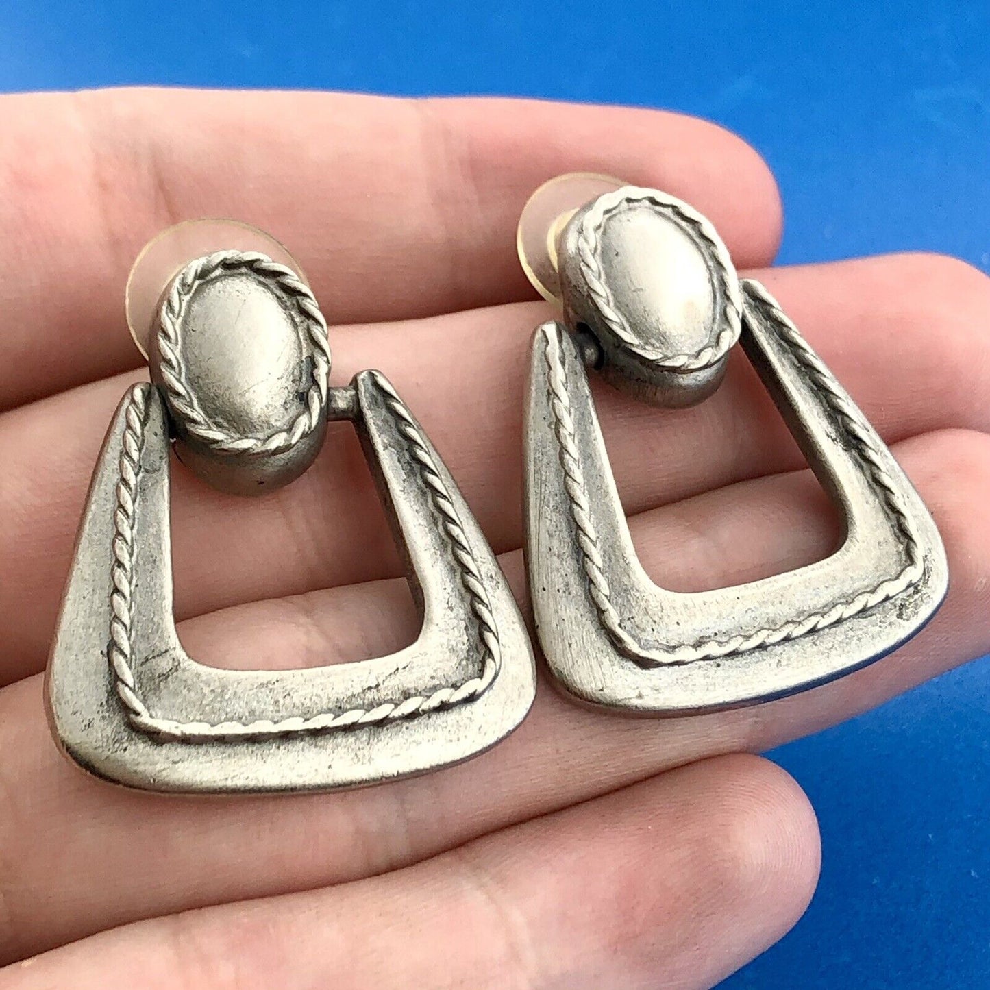 AVANTE Silver Tone Geometric Modernist Door Knocker Pierced Dangle Earrings