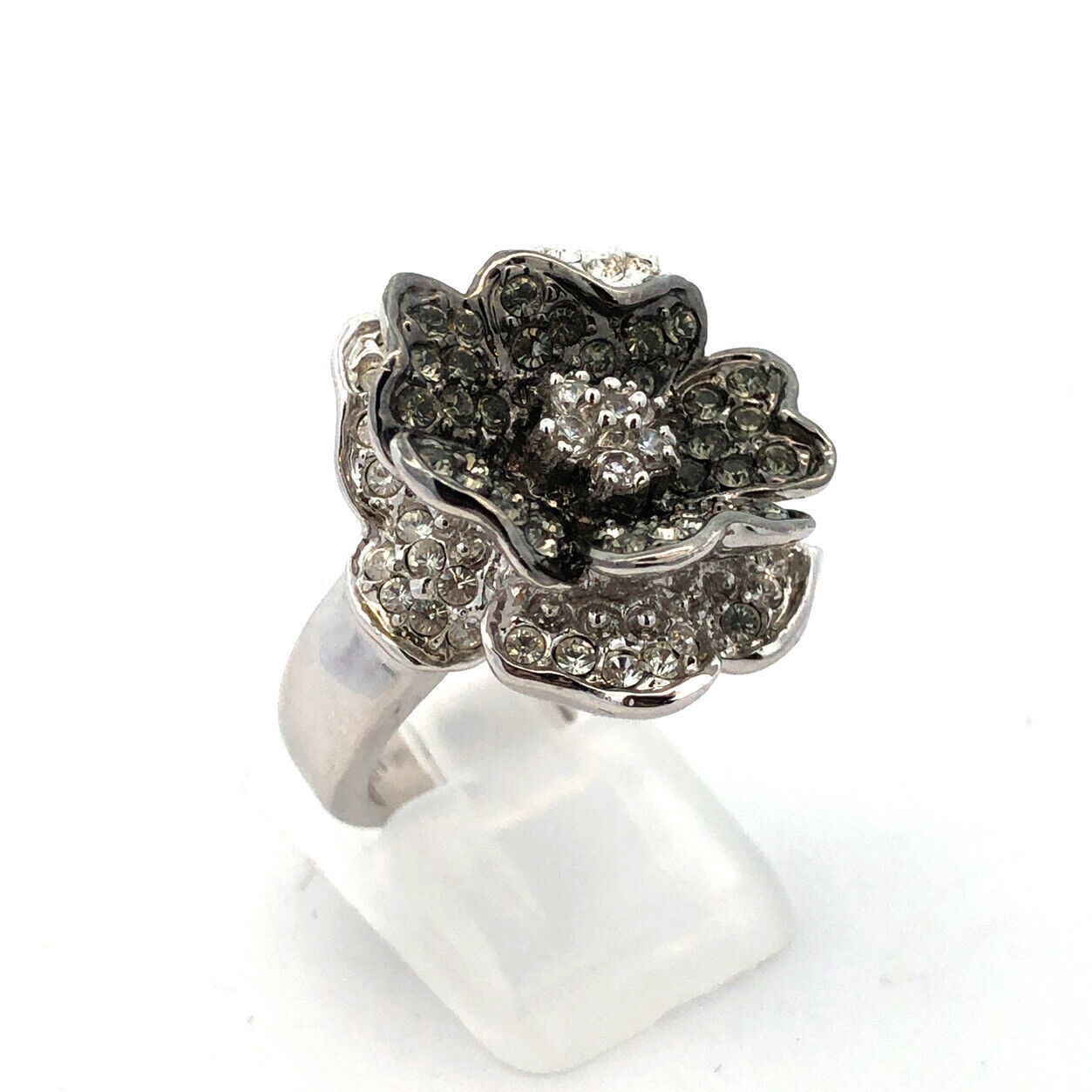 Designer Nolan Miller Silver Tone Pave Cubic Zirconia Black White Flower Ring