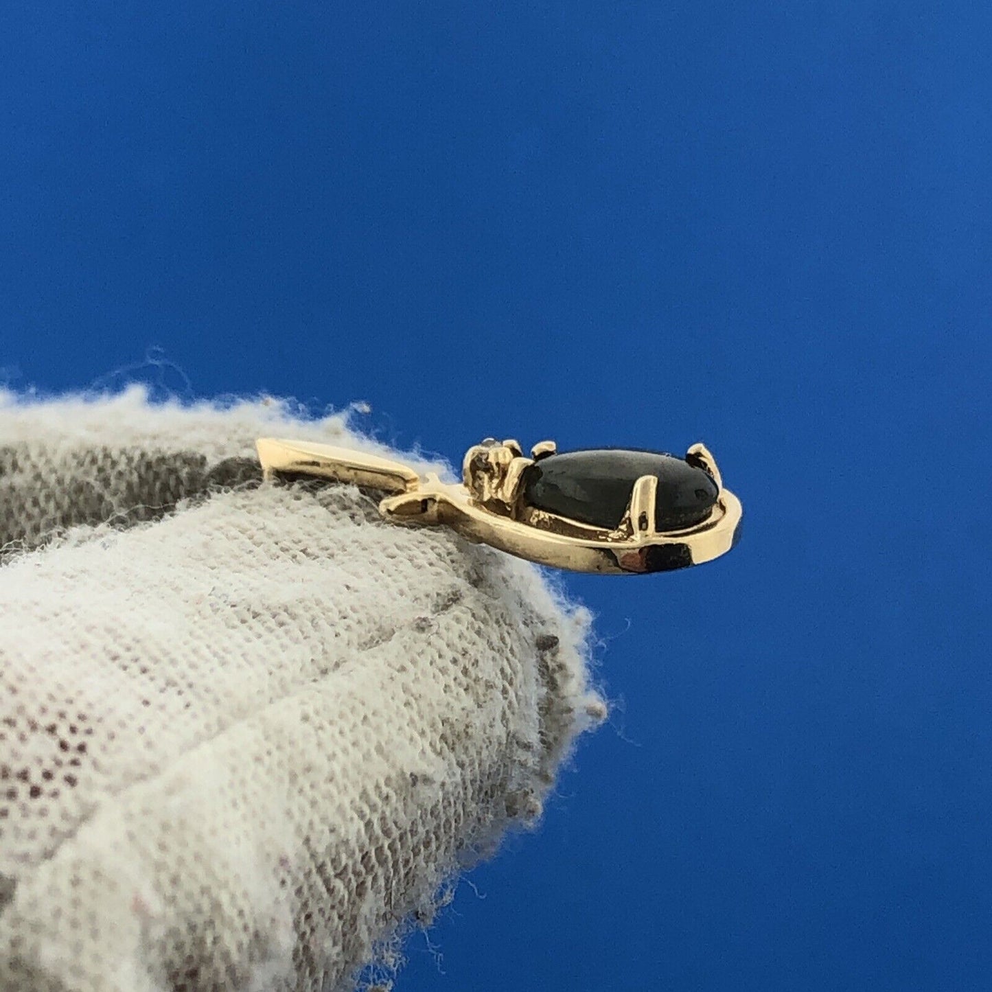 Gorgeous 14k Yellow Gold Cabochon Pear Hematite Diamond Teardrop Pendant