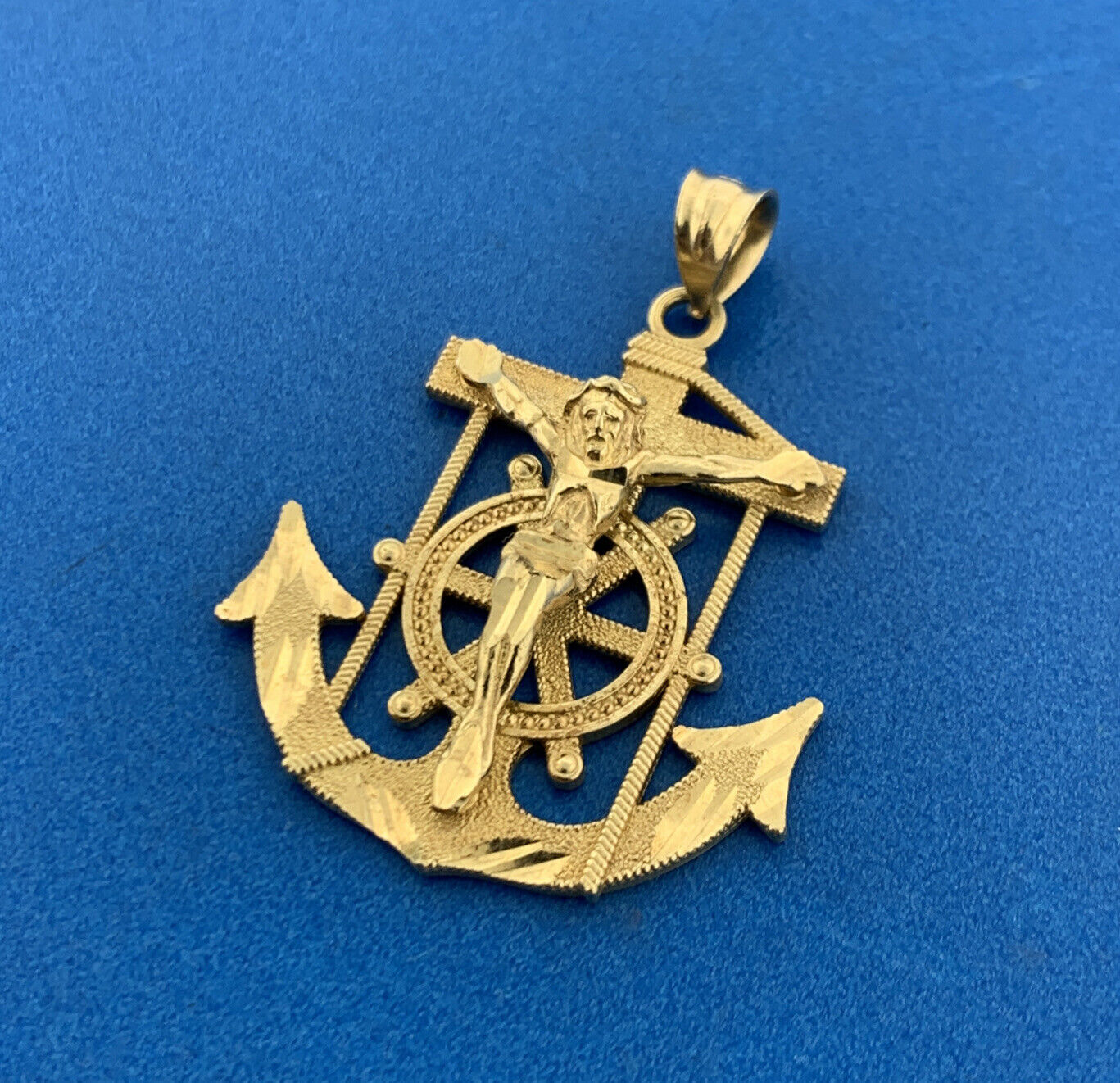 Designer 10K Yellow Gold Mariners Cross Crucifix Anchor Statement Pendant