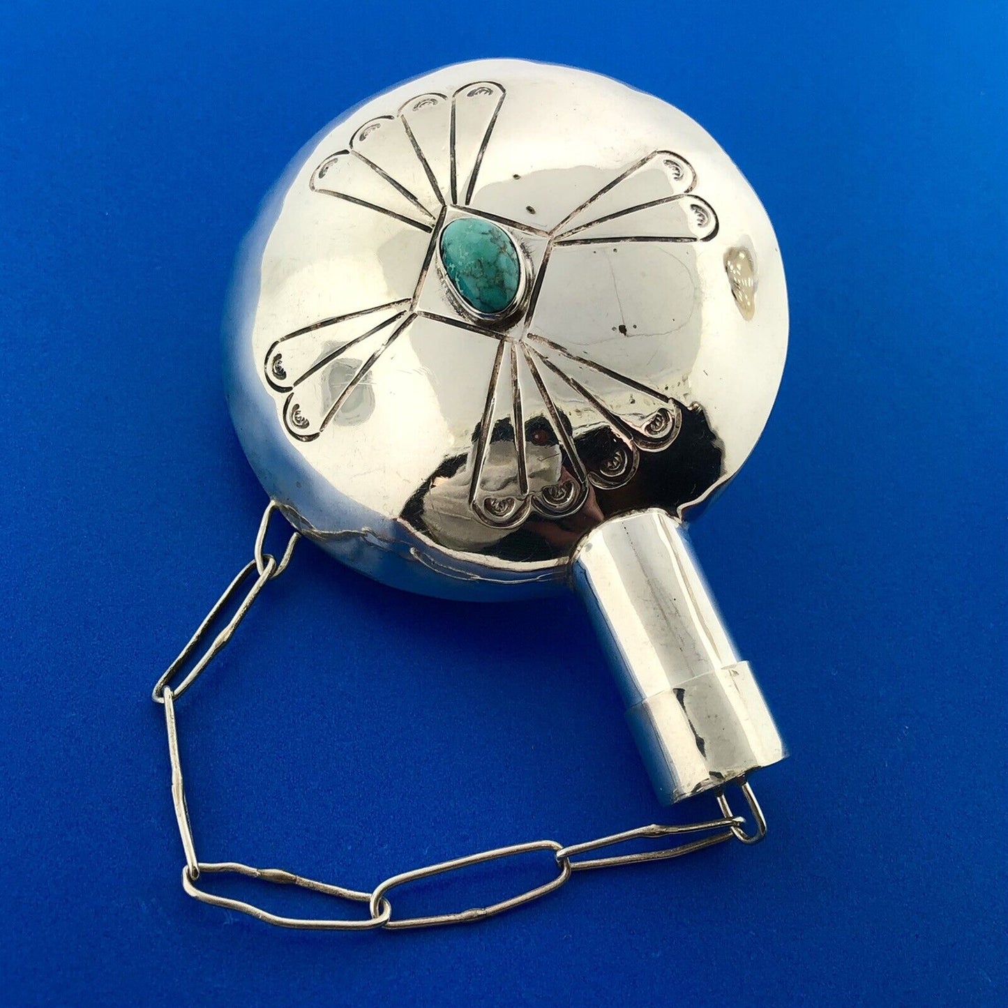 Native American 925 Sterling Silver Turquoise Hand Stamped Tobacco Flask Canteen