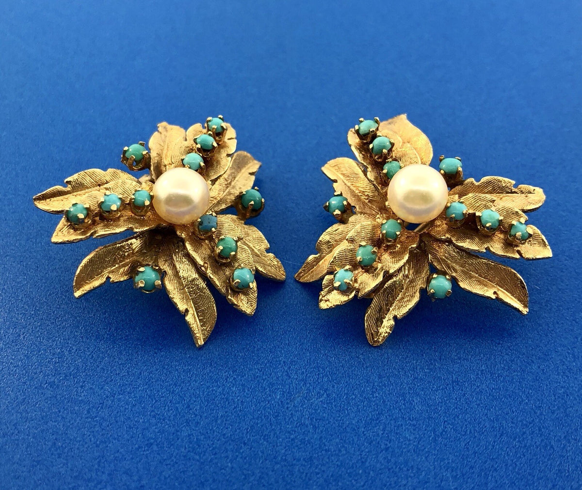Vintage 14K Yellow Gold Pearl Turquoise Leaf Design Statement Clip Earrings