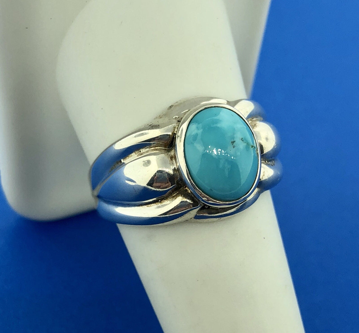 Designer OIM Sterling Silver 925 Oval Turquoise Modernist Ribbed Design Ring