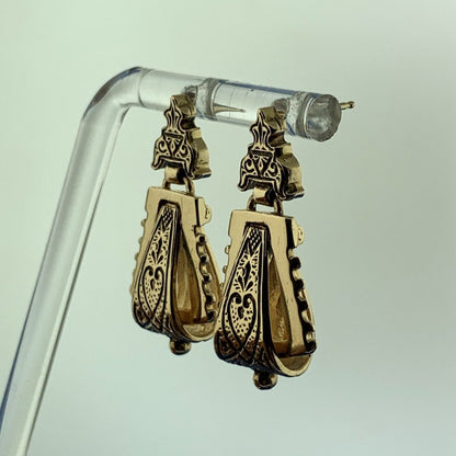 Victorian Etruscan Revival 14K Yellow Gold Black Enamel Doorknocker Earrings
