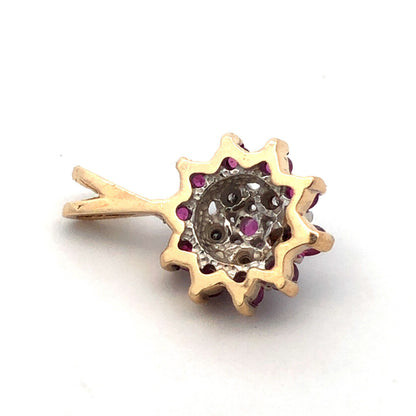 Vintage 14K Yellow Gold Round Ruby Diamond Cluster Flower Pendant