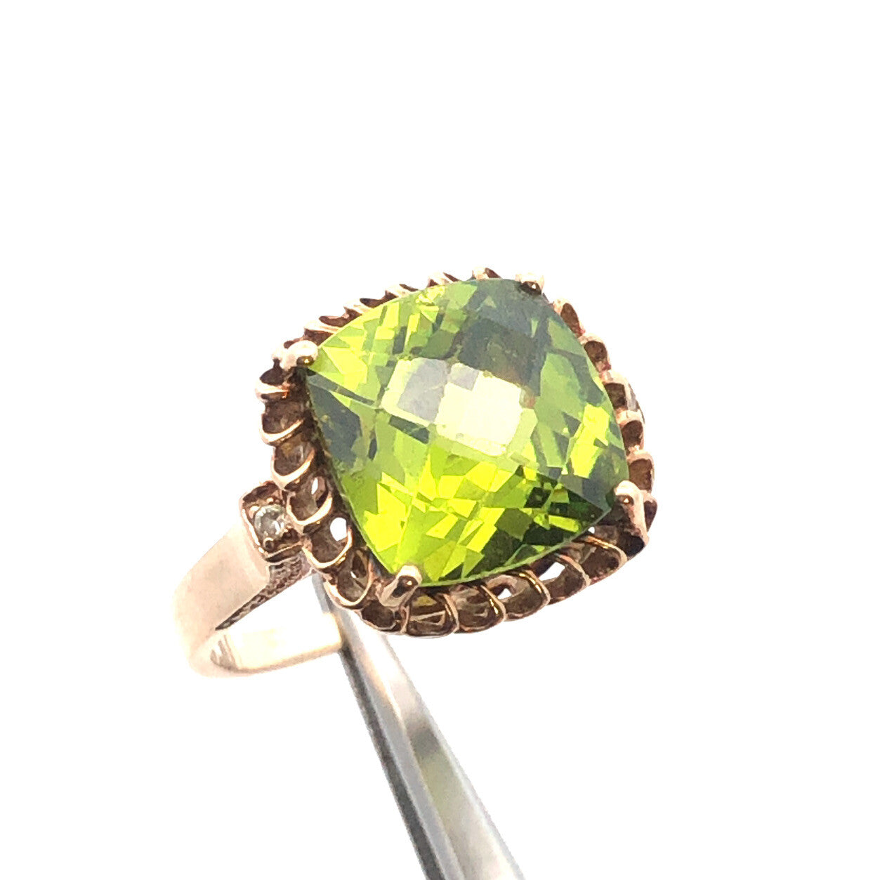 14K Yellow Gold Square Cushion Sparkling Chartreuse Green Cz Statement Dome Ring
