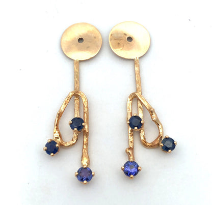 Vintage 14K Yellow Gold Sapphire Amethyst Textured Branch Dangle Earring Jackets