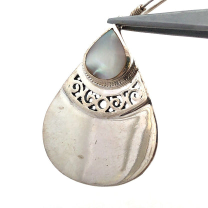 Designer 925 Sterling Silver Mother of Pearl Modernist Dangle Hook Earrings