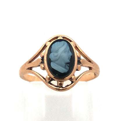 Vintage 10K Yellow Gold Oval Black Onyx Carved Cameo Ring