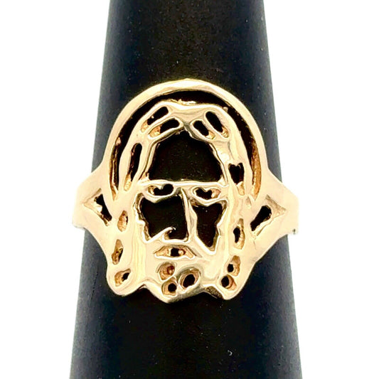 14K Yellow Gold Modernist Cutout Jesus Christ Face Religious Ring