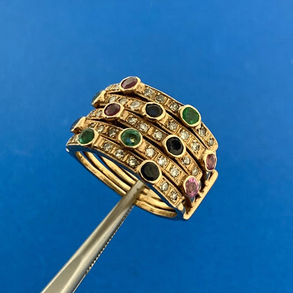 Retro 14K Yellow Gold Diamond Sapphire Ruby Emerald Anniversary Wide Harem Ring