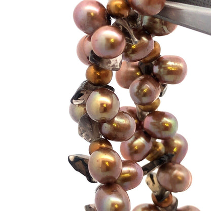 Designer 925 Sterling Silver Bronze Pearl Smoky Topaz Cluster Statement Bracelet