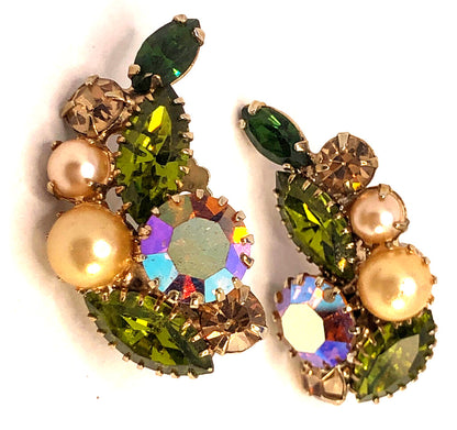 Mid Century Aurora Borealis Rhinestone Faux Pearl Statement Brooch & Earrings