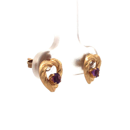 Gorgeous 14k Yellow Gold Amethyst Open Heart Stud Earrings w/ Friction Backs