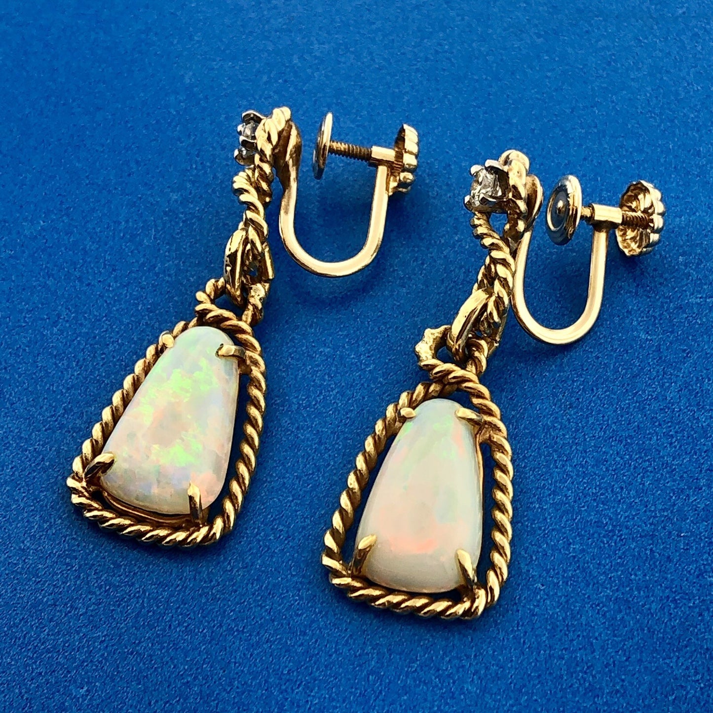 Estate 14K Yellow Gold Trillion Cut Opal Diamond Accent Drop Dangle Earrings