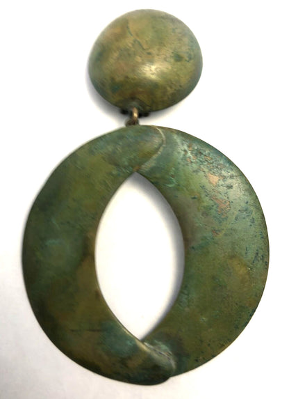1980's Vintage Dannah Oxidized Green Gold Tone Metal Statement Clip On Earrings