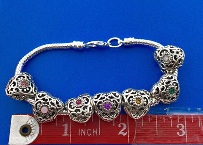 Silver Tone Slide Bracelet W/Seven 7 Heart Scroll CZ Interchangeable Charms