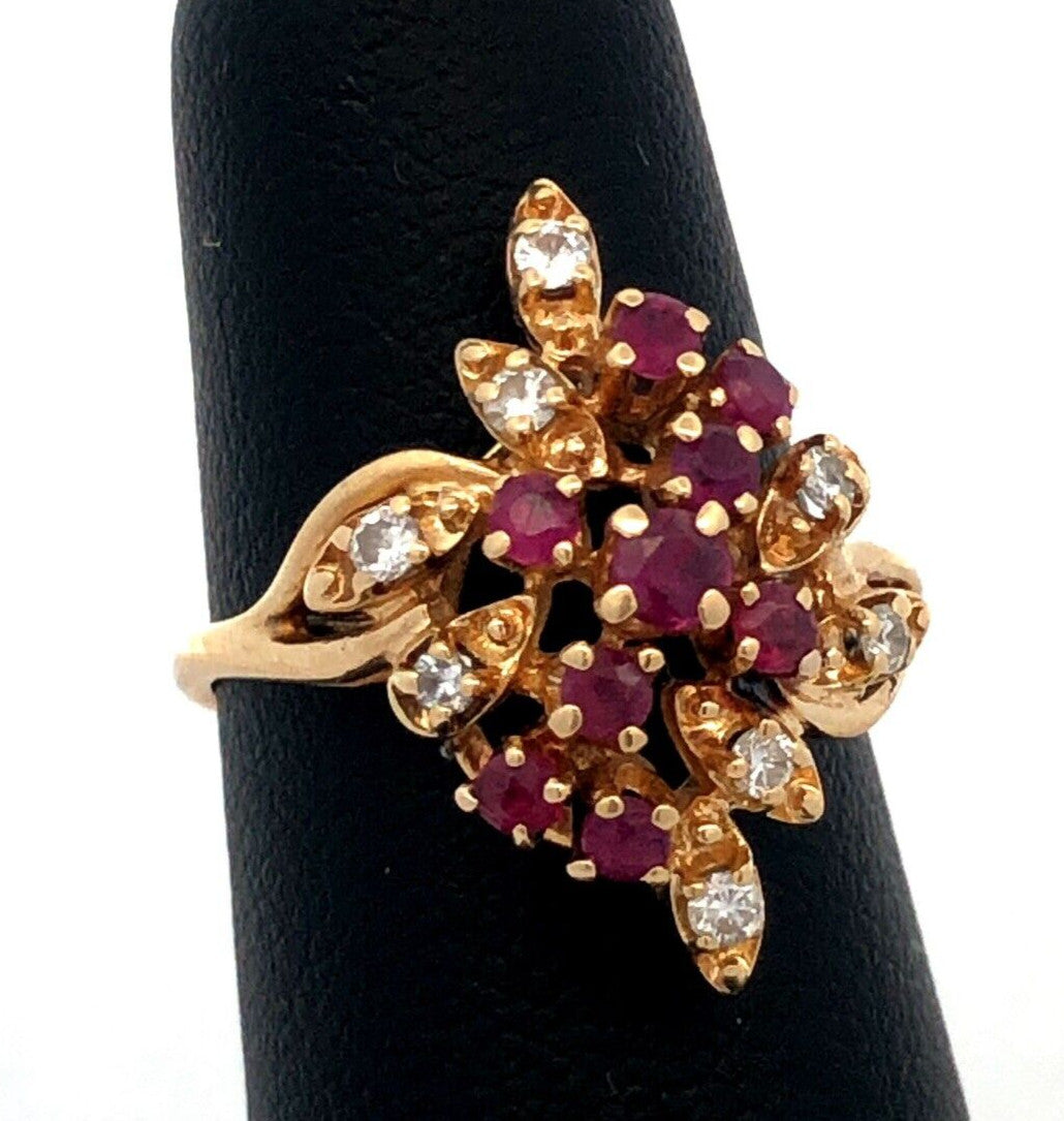 Vintage HJW 14K Yellow Gold Ruby Diamond Cluster Waterfall Cocktail Ring