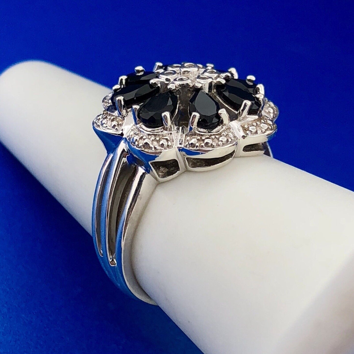 Designer AJ Sterling Silver Sapphire Diamond Floral Cluster September Anniv Ring