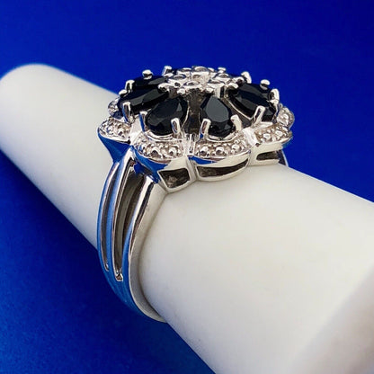 Designer AJ Sterling Silver Sapphire Diamond Floral Cluster September Anniv Ring
