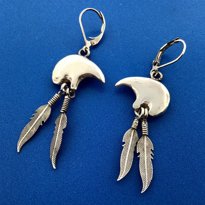 Gene Nataan Navajo 925 Sterling Silver Bear Feather Concho Drop Dangle Earrings