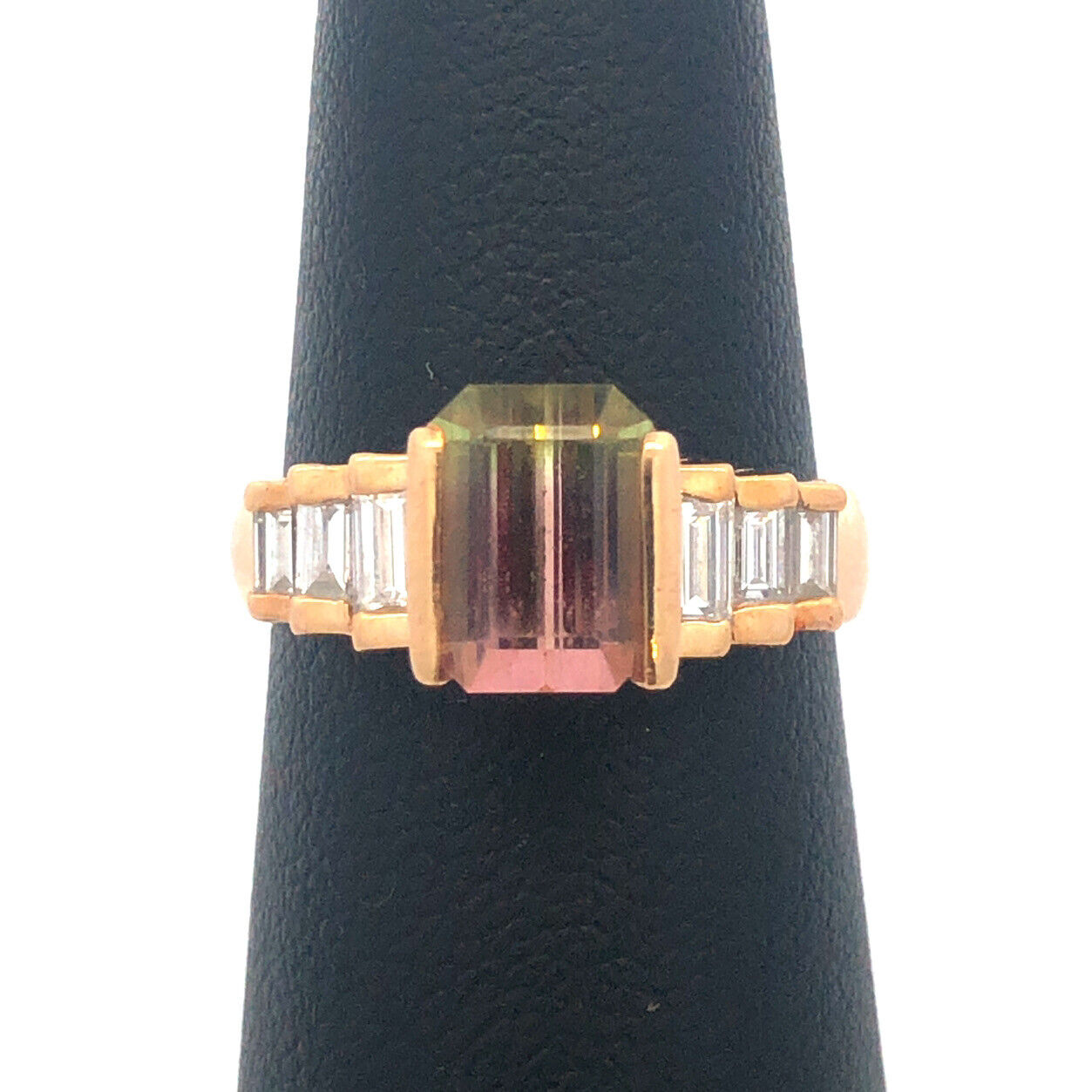 Vintage 14K Yellow Gold Watermelon Tourmaline Diamond Waterfall Cocktail Ring