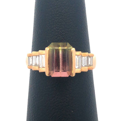 Vintage 14K Yellow Gold Watermelon Tourmaline Diamond Waterfall Cocktail Ring
