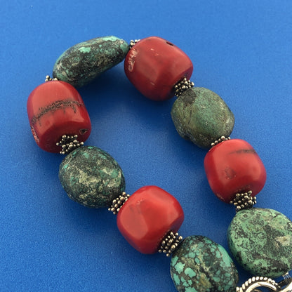 Sterling Silver 925 Chunky Coral Turquoise Bead Toggle Bracelet