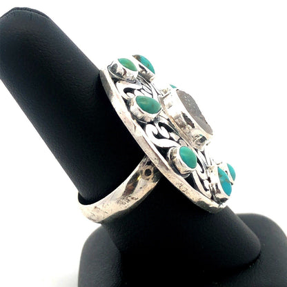 Native American 925 Sterling Silver Turquoise Druzy Quartz Round Statement Ring